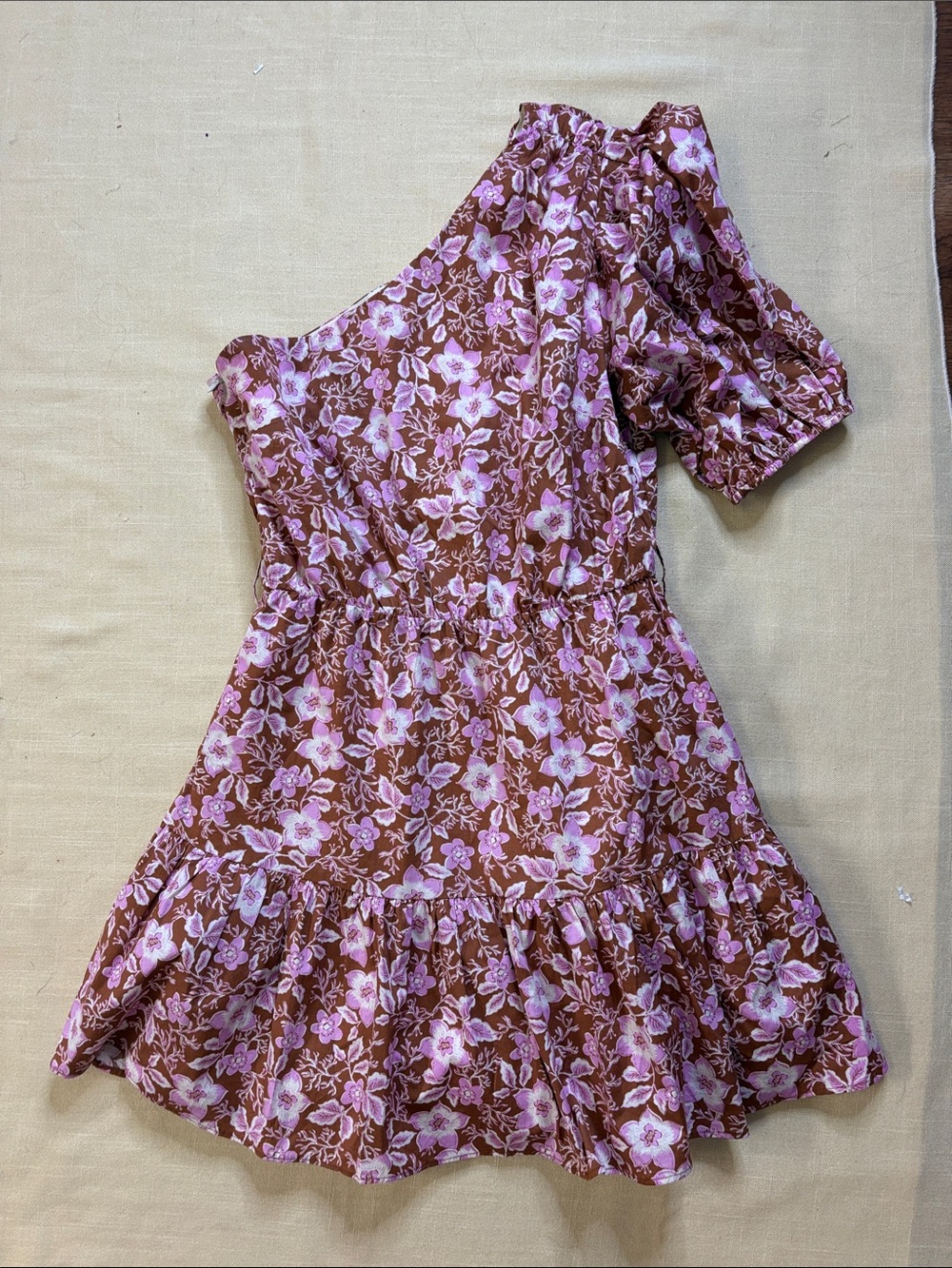 Jason Wu One-Shoulder Floral Mini Dress in Brown and Pink